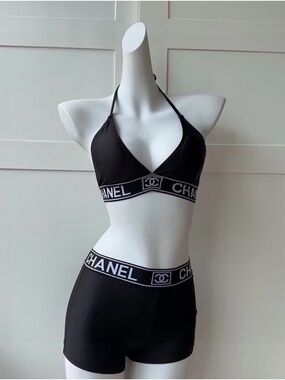 CHANEL Black & White Logo Bralette and Shorts Set